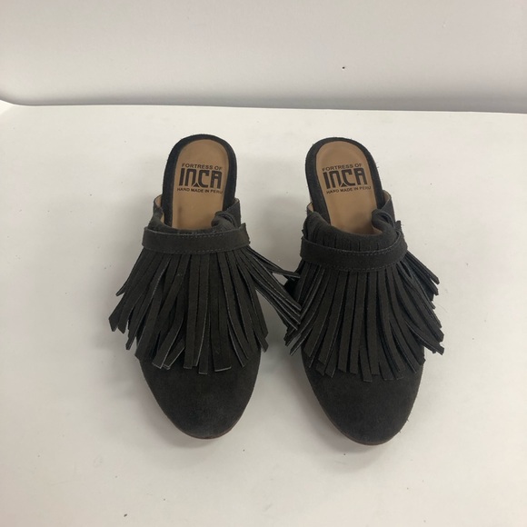 FORTRESS ON INCA HAND MADE JUANITA LEATHER FRINGE heeled Miley with clog shape - Picture 2 of 9